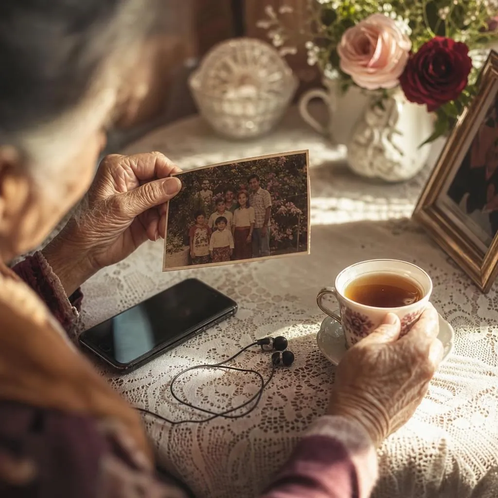Abuela con una foto familiar y una taza de té, escuchando su canción