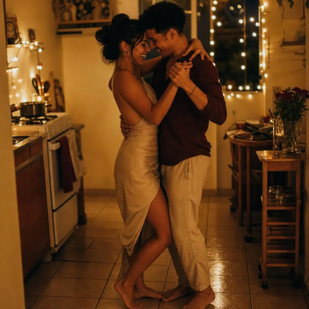 Pareja bailando abrazada en la cocina